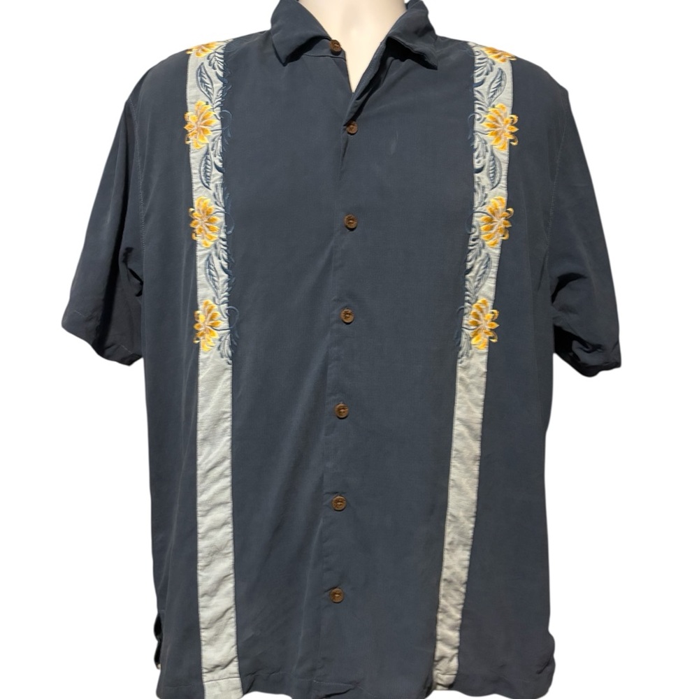 Tommy Bahama Men’s 100% Silk Button Up Shirt With Floral Etching Blue L
